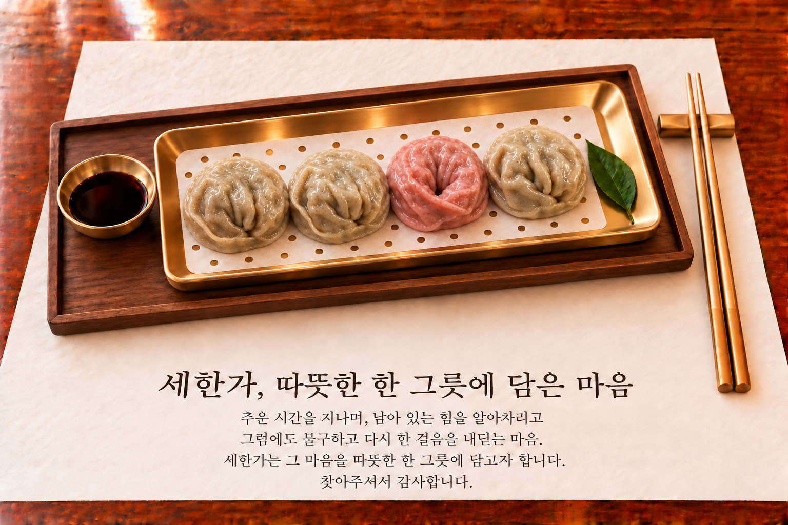 나무 트레이 위 직사각 놋접시에 타공 찜지를 깔아 담은 찐꿩만두 네 알과 간장 종지