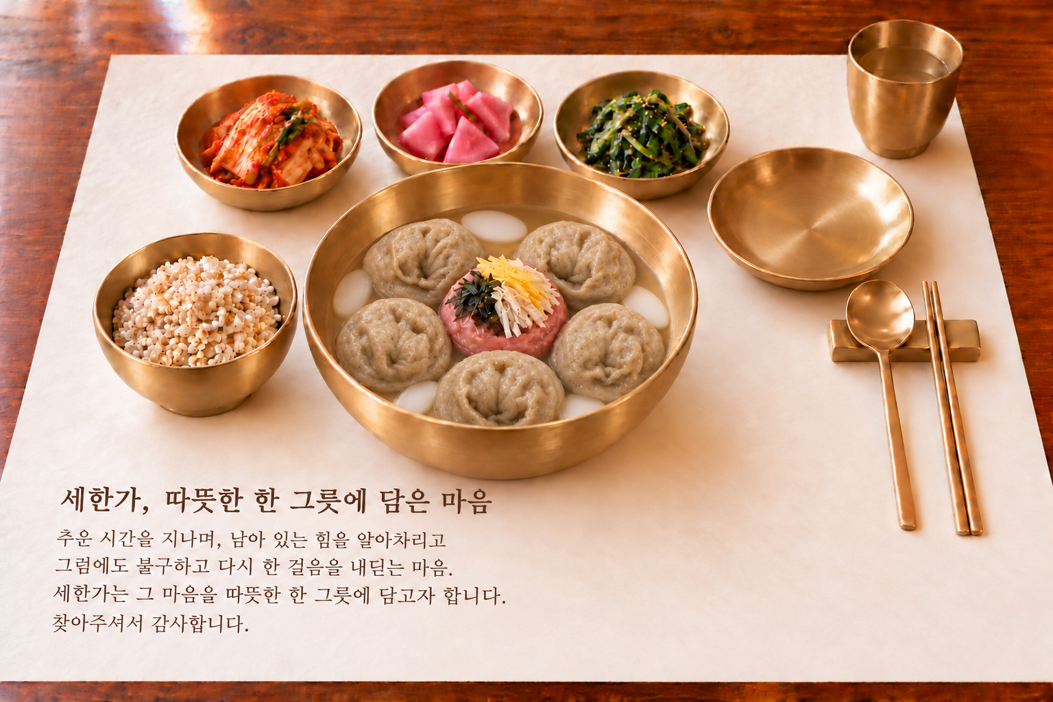 놋그릇에 담긴 여섯 알의 꿩만두와 보리밥, 세 가지 반찬